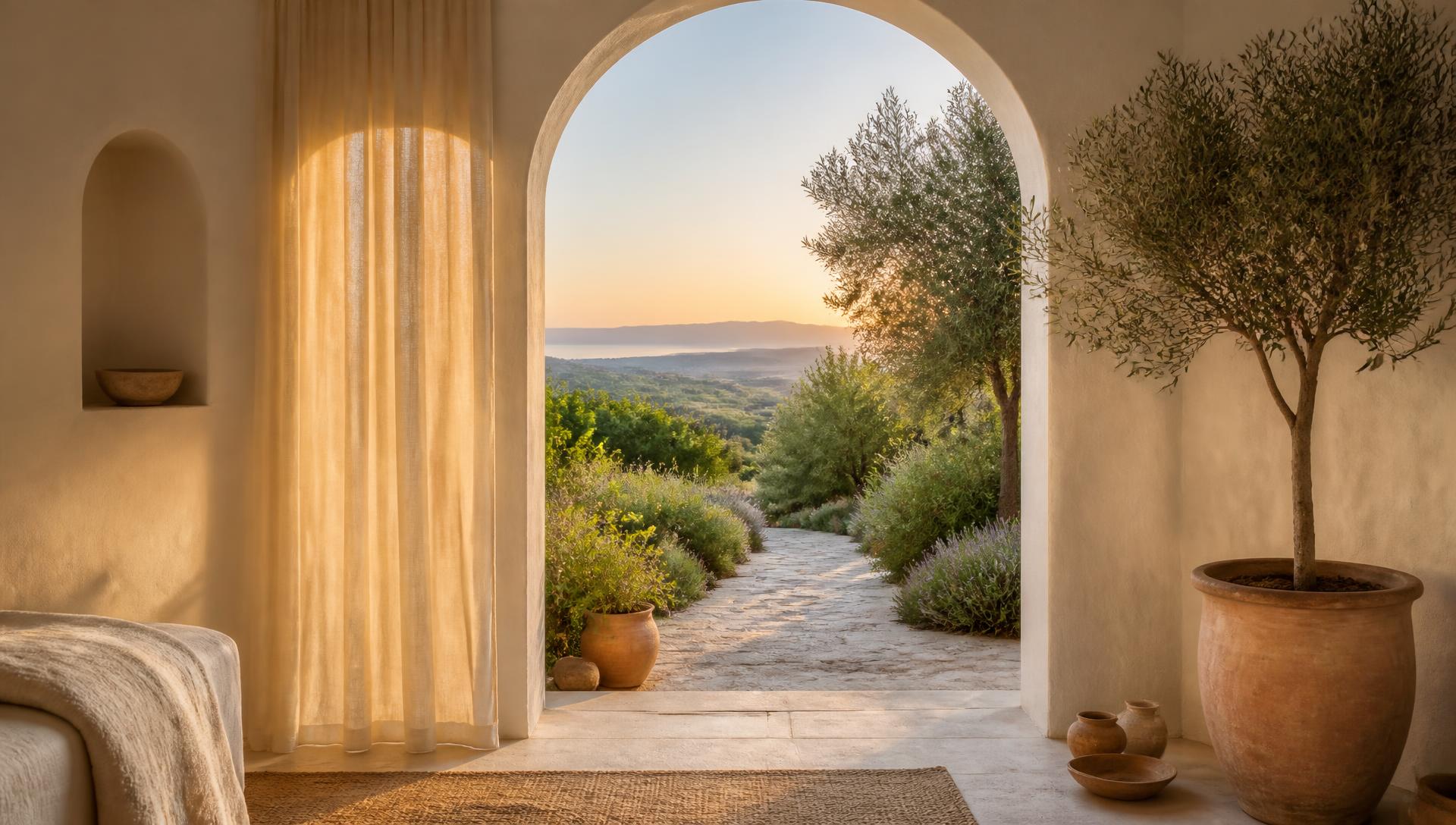 Serene sunlit room with an arched doorway opening onto a peaceful garden path